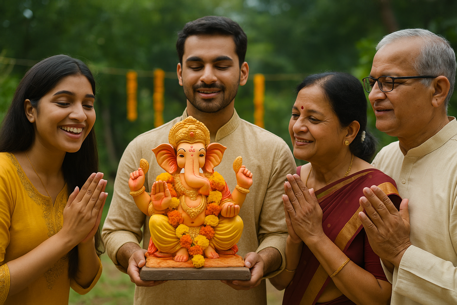 Devotees celebrating Ganesh Chaturthi with eco-friendly idol