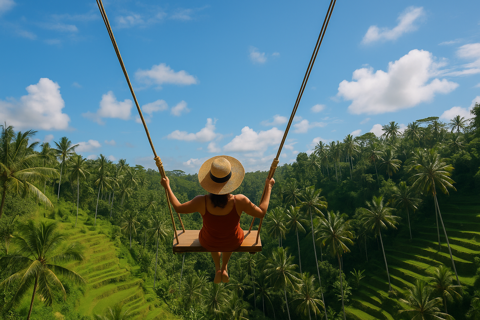 A traveler on the famous Bali Swing, soaring above lush green rice terraces and tall palm trees under a bright blue sky.