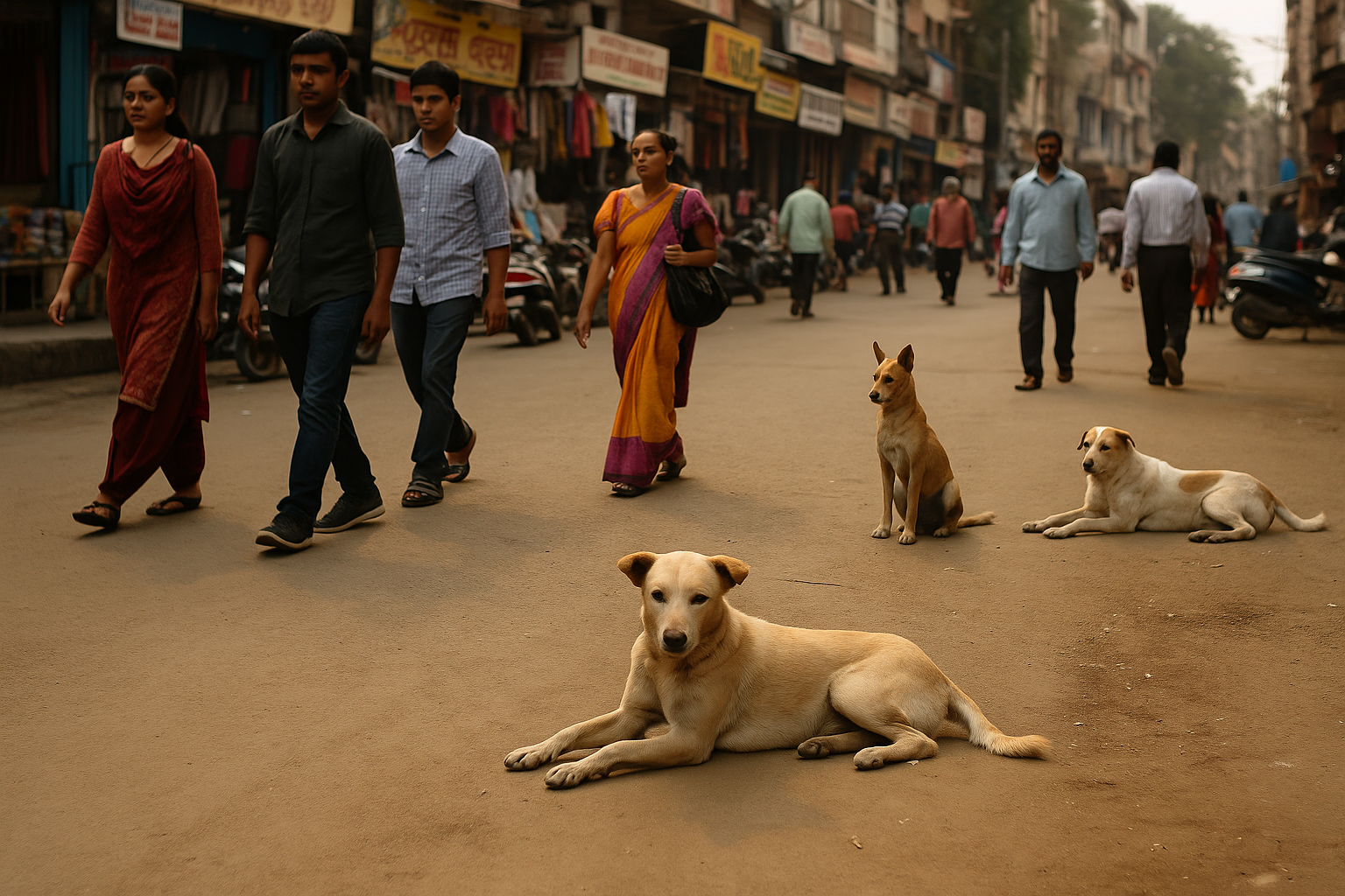 Street dogs lying on a busy Indian street as pedestrians walk by, with shops and market activity in the background