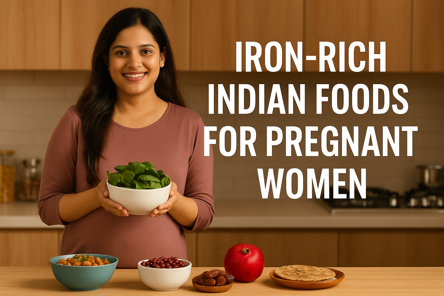 Pregnant Indian woman holding spinach bowl with iron-rich Indian foods like pomegranate, chickpeas, kidney beans, and roti to prevent anemia