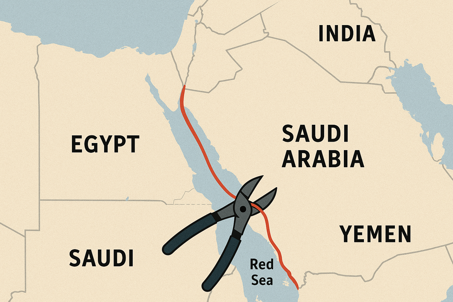 Map showing Red Sea undersea cable cut affecting India, Pakistan, UAE, Saudi Arabia with global internet outage impact