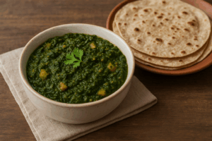 Palak paneer curry with chapati – iron-rich Indian food for pregnant women to prevent anemia