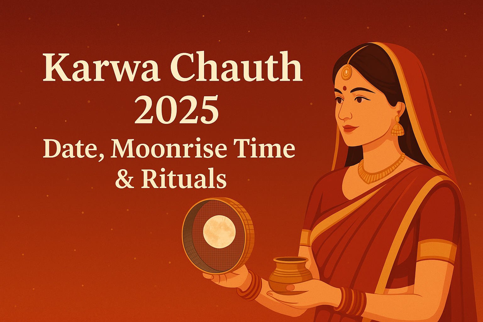 Indian woman in red saree performing Karwa Chauth 2025 ritual with sieve and full moon